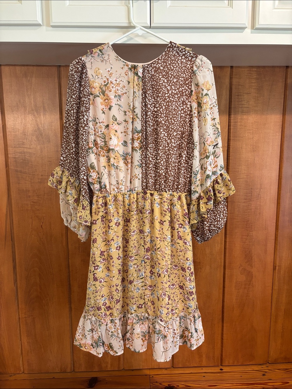 Floral Patchwork Ruffle Dress in Mustard and Brown - Picture 3 of 3